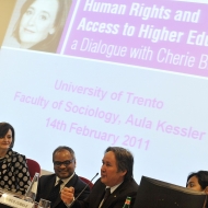 Da sinistra: Cherie Blair, Kamal Ahmad, Enrico Zobele, Nawra Mehrin, foto Alessio Coser, archivio Università di Trento